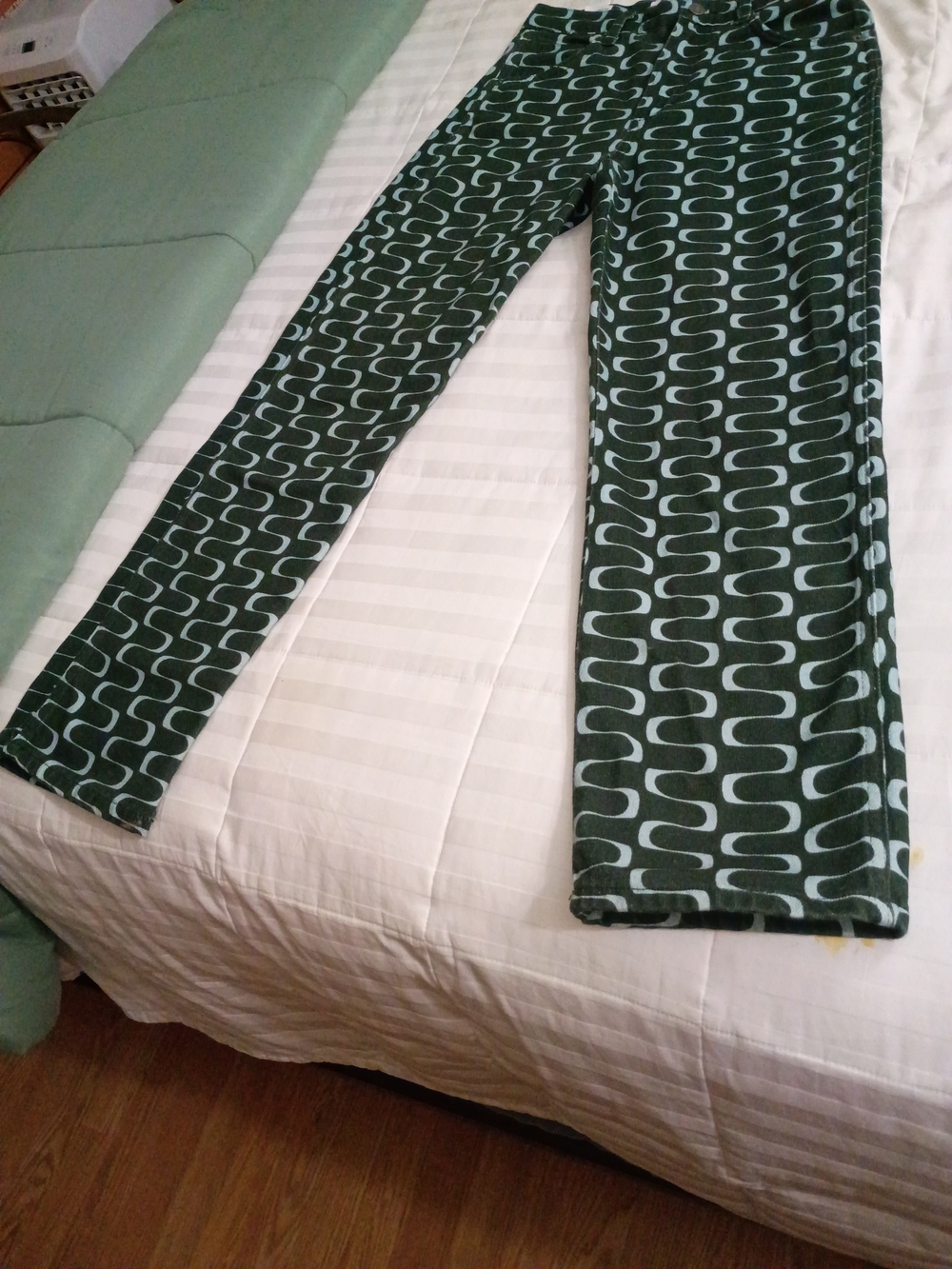 Reformation Dark Green  Pants with White Wave Print